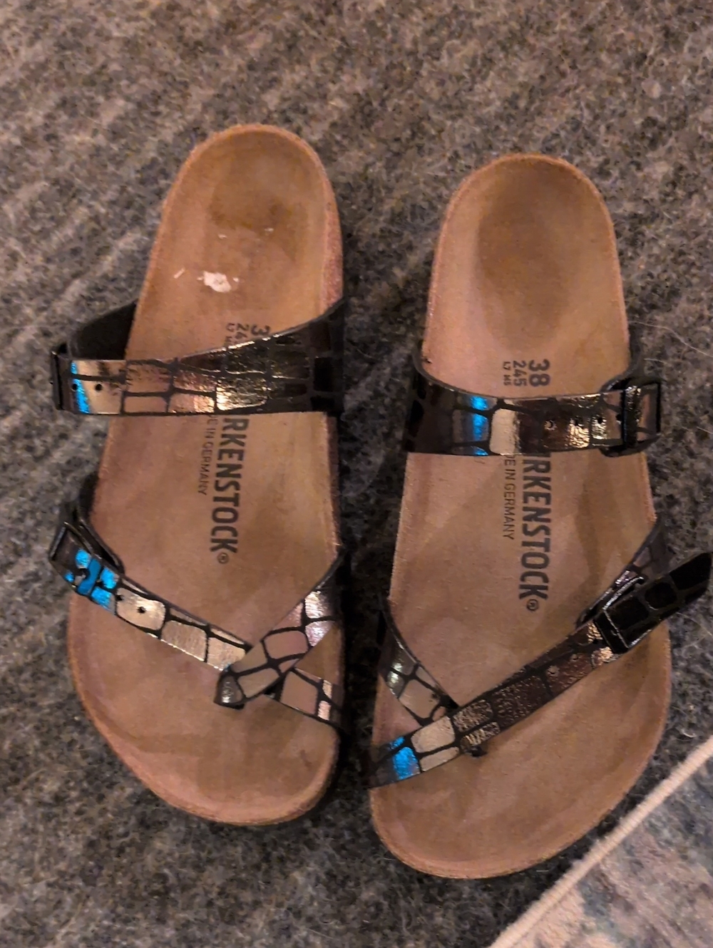 Birkenstock Women’s Black Shiny Croc-Pattern Two-Strap Sandals